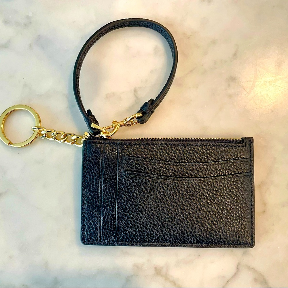 Black leather wallet card holder with keychain